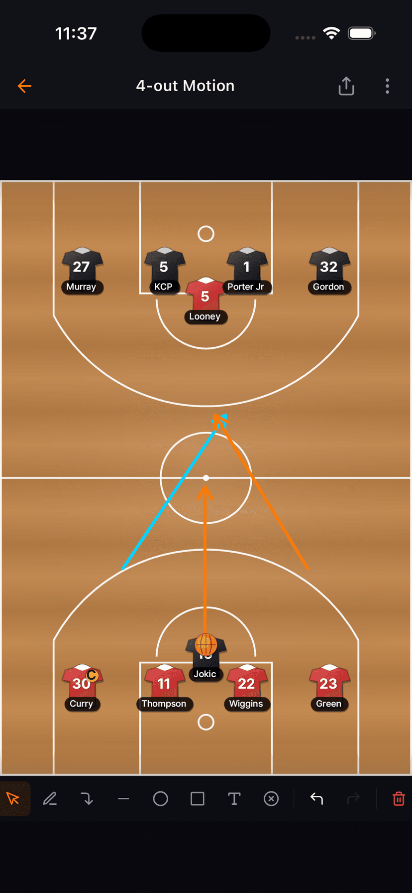 Basketball tactical board — 4-out Motion play